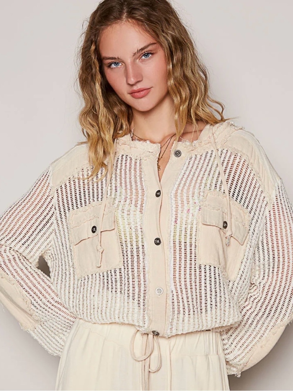 Pol Cream Open Knit Crochet Contrast Hooded Shacket with Frayed Edges Size S